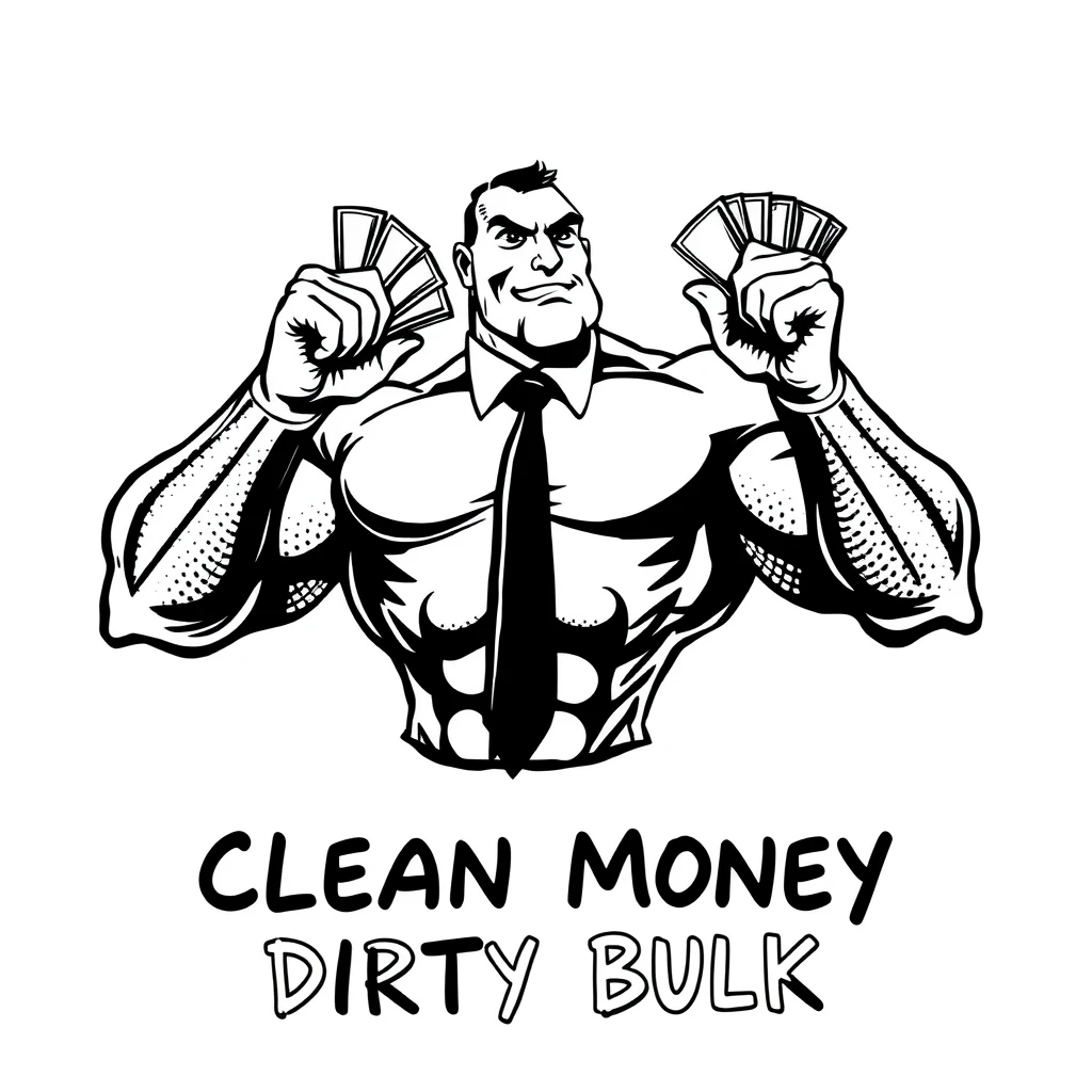 A 50s dot comic ink black monochromatic style of a muscular business gigachad flexing, holding a wad of cash. Text says “Clean Money Dirty Bulk”. - Image