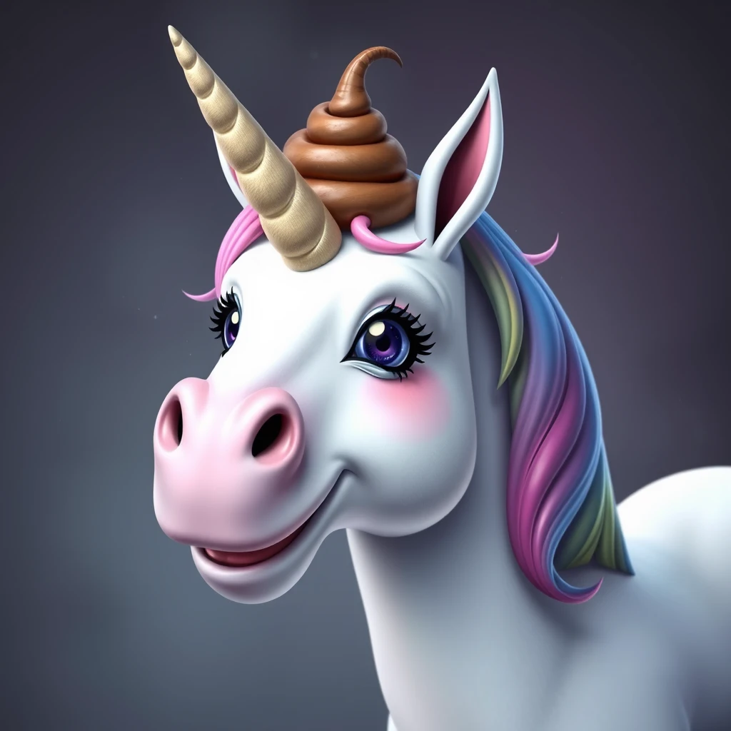 happy unicorn with a poop horn, smiling, goofy, photorealistic