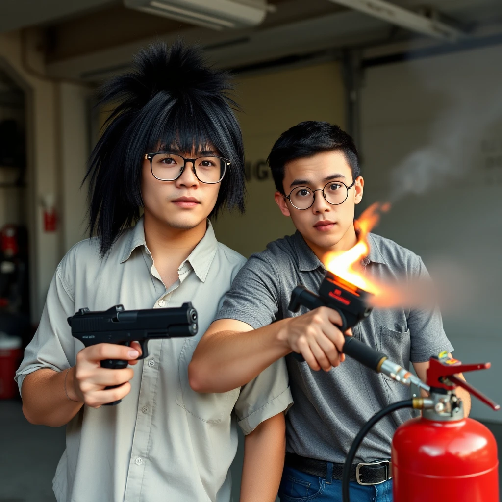 21 year old white Chinese man wearing square glasses, long black fringe mullet, holding pistol; 21 year old white Italian man wearing round glasses and short hair holding very large fire extinguisher flamethrower, garage setting. - Image