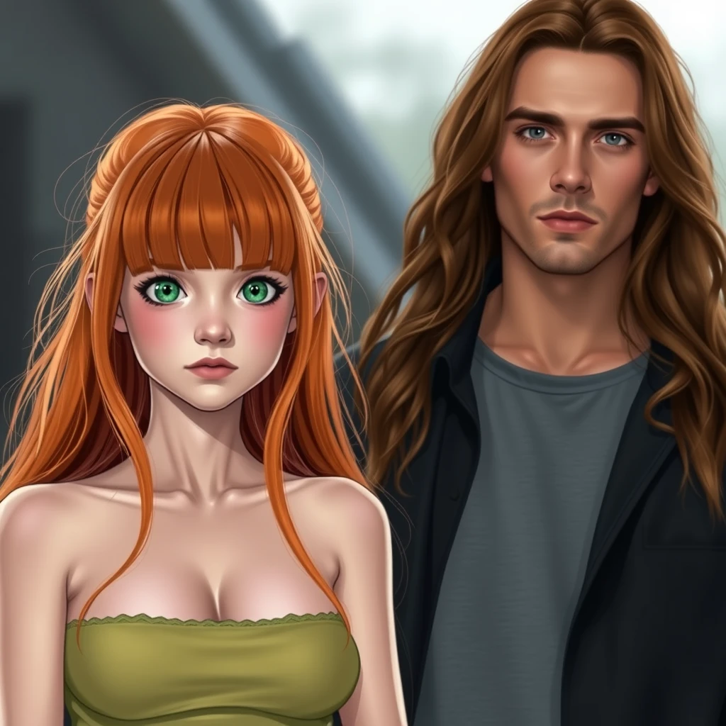 A short, skinny teenage girl with long ginger hair and bangs, green eyes, and big breasts, alongside a tall man with long brown hair and dark eyes.