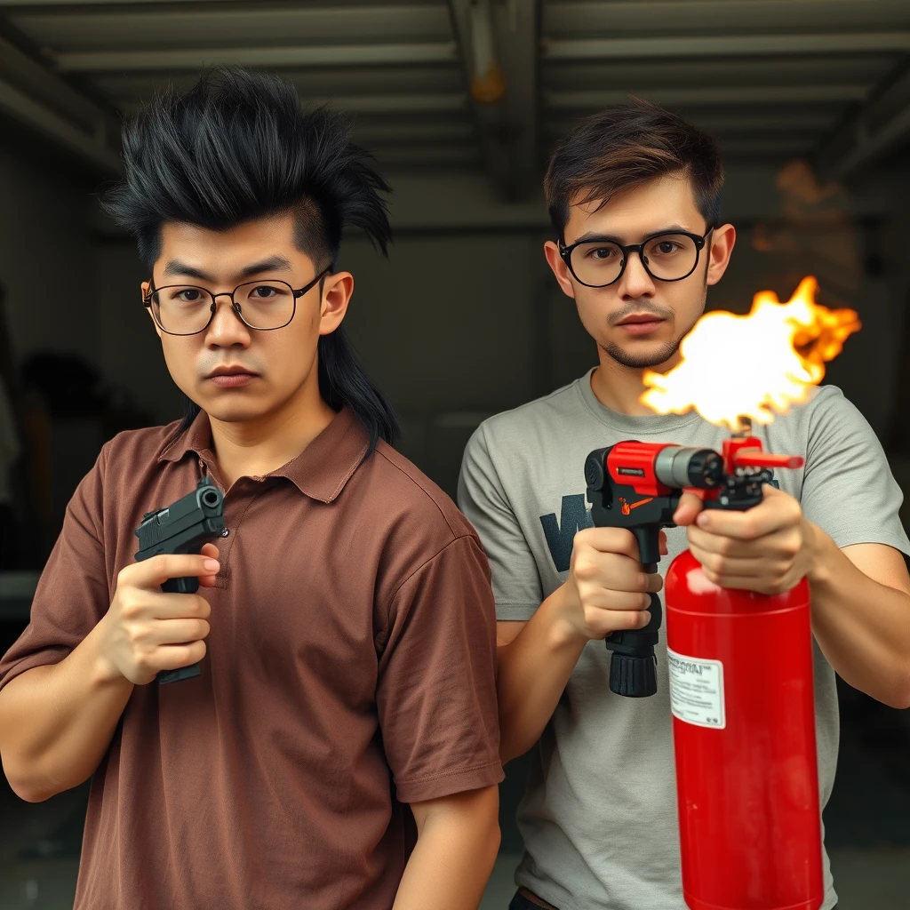 21-year-old white Chinese man with square glasses, long black mullet, holding a pistol; 21-year-old white Italian man with round prescription glasses and short hair holding a very large fire extinguisher flamethrower, garage setting, both angry.