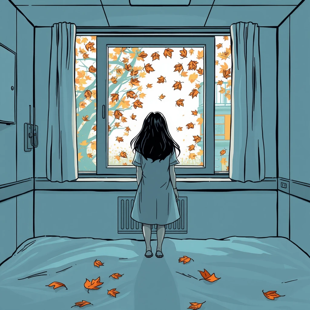 A lonely woman in the hospital looking out of the window at the fallen leaves, a very strong sense of atmosphere. Free composition. comic. - Image