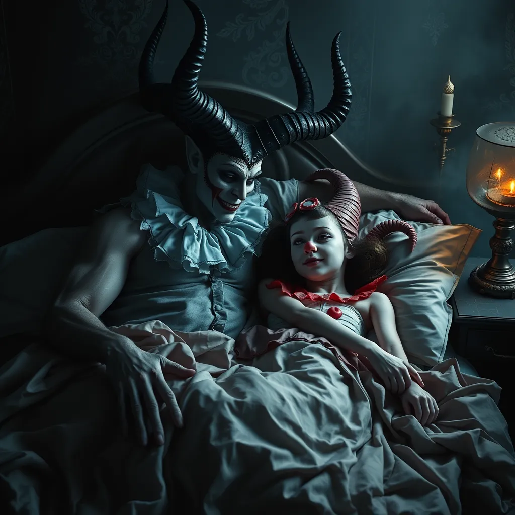 Baphomet in bed with a clown girl, HD photography.