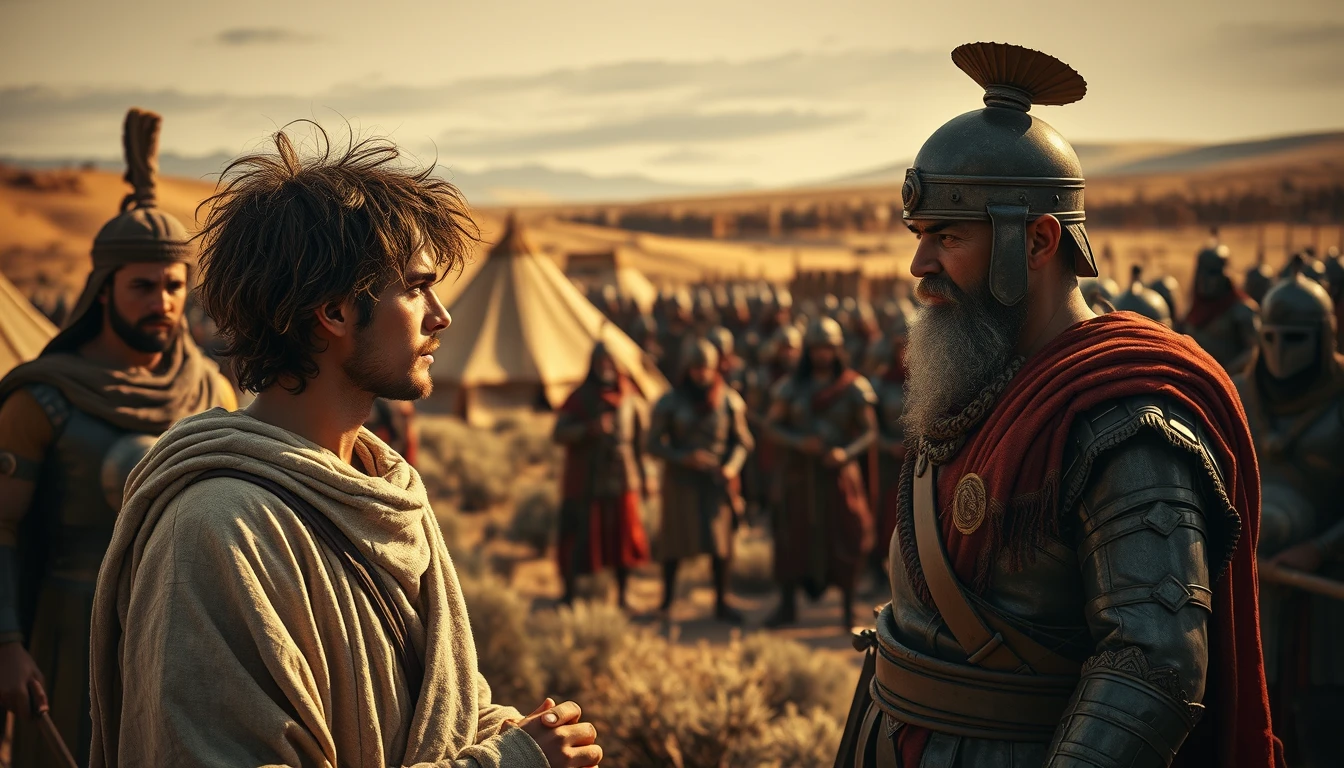 A young man with messy hair is orating to a middle-aged Mesopotamian soldier king. The young man is dressed in ancient biblical shepherd's attire. Both men are surrounded by a diverse group of men in ancient Israelite bronze-age soldier armor. In the background are Bedouin tents pitched on a desert shrubland. In the distant horizon stands another army armed and ready to fight. Dramatic lighting.