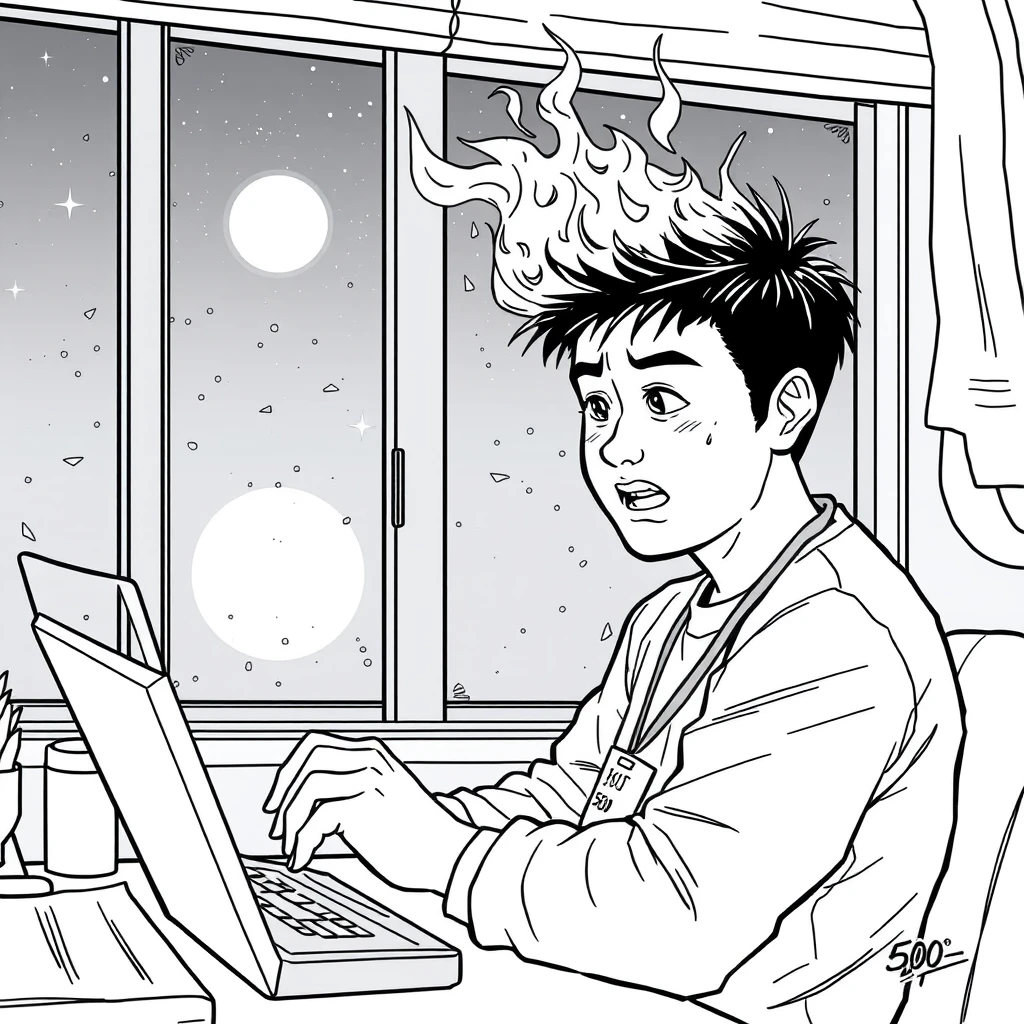 Lineart comic, a young Asian man working like crazy, his head on fire, the moon outside the window. The man had an ID tag that said "500." - Image