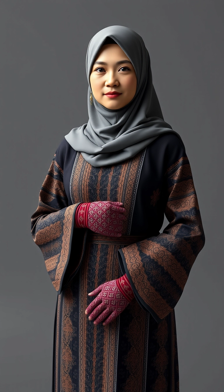 A 3D, 8k depiction of a Muslim woman from Palembang, wearing a traditional long songket and a long gown (gamis). She is adorned with a hijab that covers her chest and wears batik gloves covering her hands.