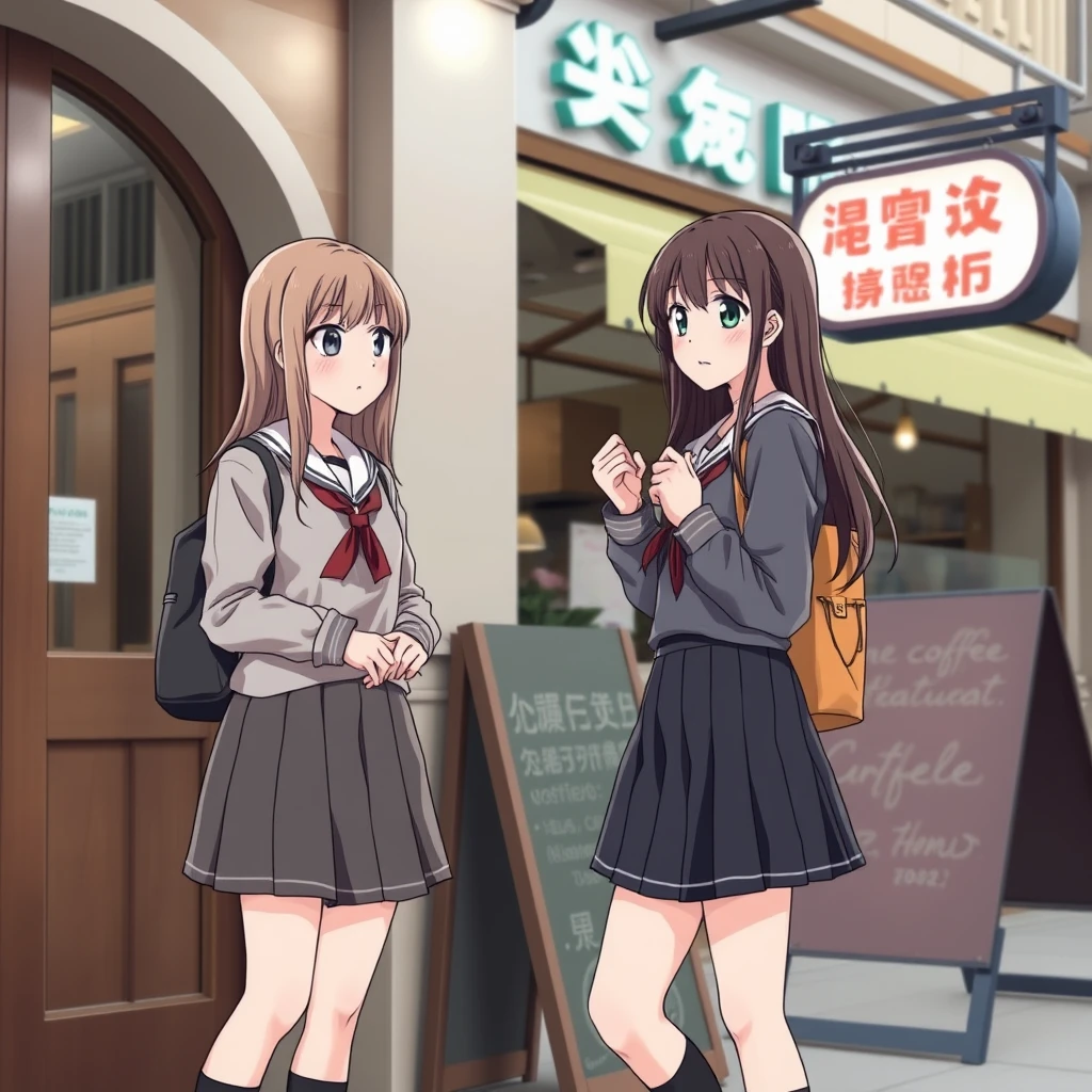 Two female students are arguing outside a coffee shop. They have beautiful eyes and are wearing skirts that show their socks. There is a sign outside the restaurant, and the words on the sign can be clearly seen, including Chinese characters. - Image