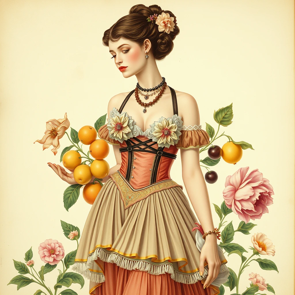 flower pinup victorian fruit floral princesses glamour jewelry body frill fringe pleated billowing skirt dress fashion fruit hairdo bare chest harness elizabethan leather painting portrait in the style of egon schiele aubrey beardsley 4k museum high quality scan of Vienna succession art nouveau hand drawn artwork - Image