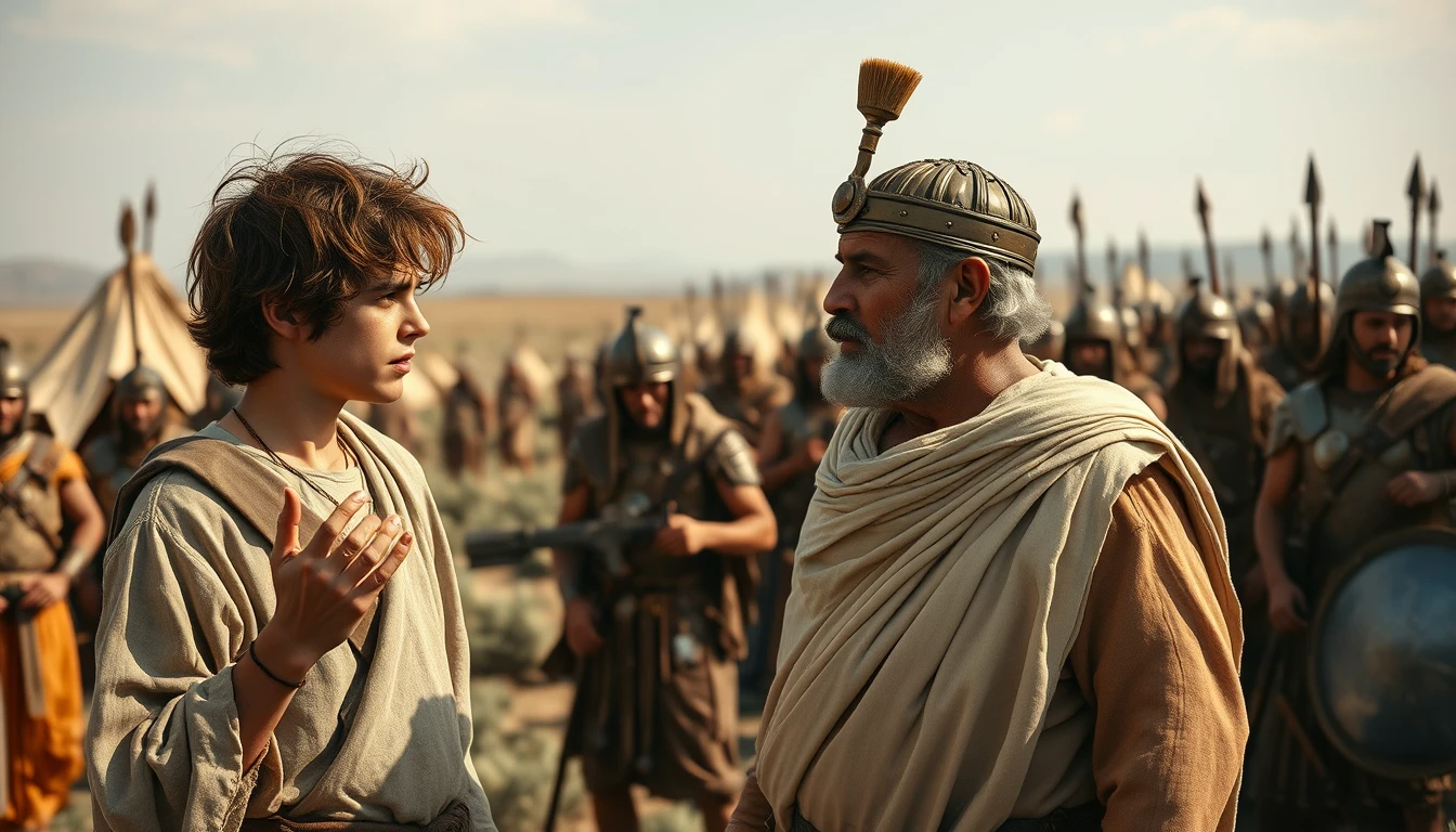 A young man with messy hair looking deeply anguished at a late 50s man. The young man is gesturing passionately with both hands like an Italian and is dressed in ancient biblical shepherd's attire. The older man is dressed to look like a Mesopotamian soldier king. The young man stands apart from the middle-aged man. Both men are surrounded by a diverse group of men in ancient Israelite Bronze Age soldier armor. In the background are Bedouin tents pitched on a desert shrub land. In the distant horizon stands another army armed and ready to fight. Dramatic lighting. - Image