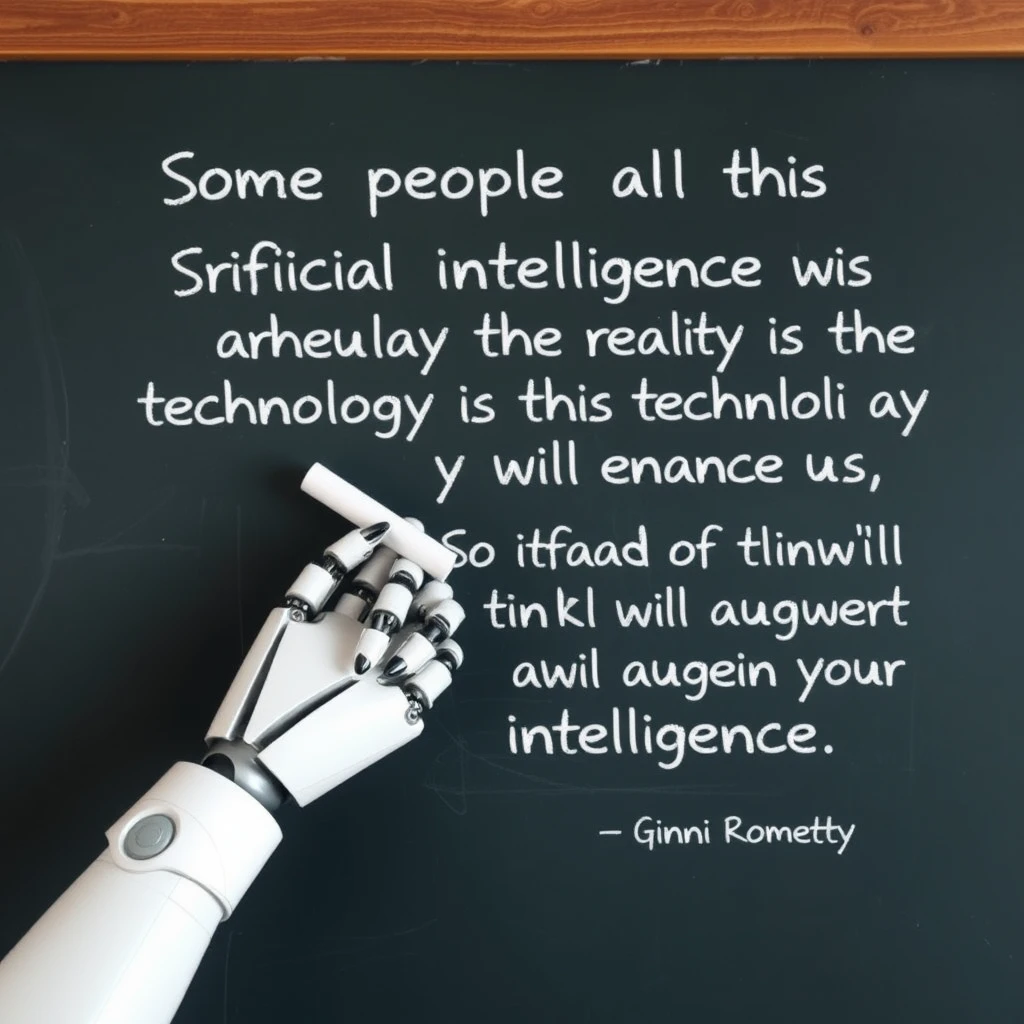 A robotic hand holding a piece of chalk writing with that piece of chalk on a chalkboard with writing on it that says “Some people call this artificial intelligence, but the reality is this technology will enhance us. So instead of artificial intelligence, I think we’ll augment our intelligence.” —Ginni Rometty, on a classroom style chalkboard.