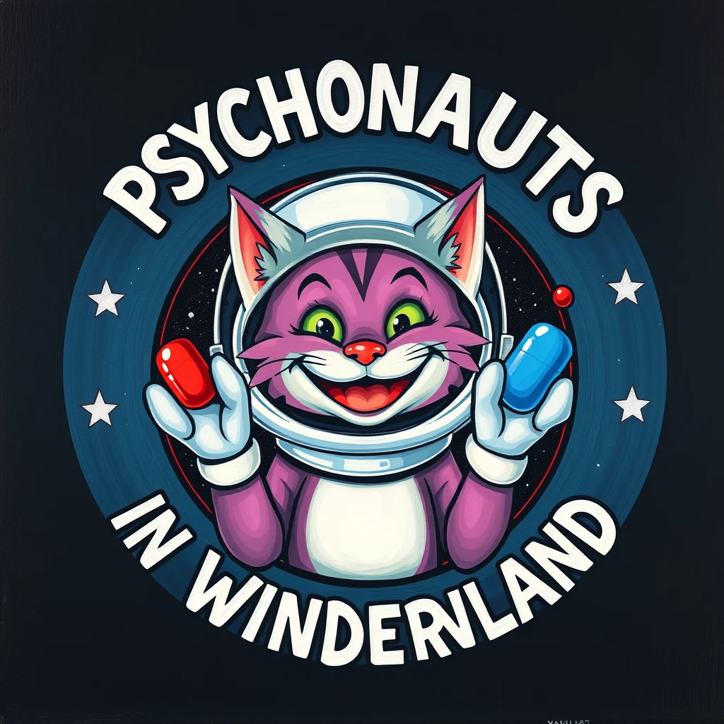 Create an oil painting art style logo featuring a title in big painted typography saying "PSYCHONAUTS IN WONDERLAND". In the logo, a silly cartoon grinning Cheshire cat in an astronaut helmet with a big oversized red gel pill and a big oversized blue gel pill hovering above each hand. White mushrooms behind the helmet. Circular border. Starry background.