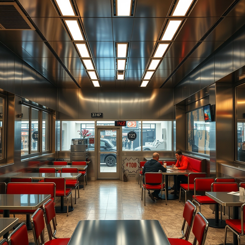 interior, canteen, modern, aluminium panel, movie scene