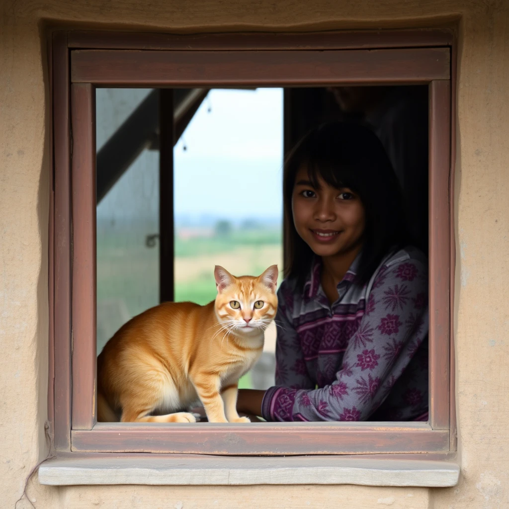 In a rural area, an Asian girl sitting behind a window with a ginger cat on the window sill looking at the camera. - Image