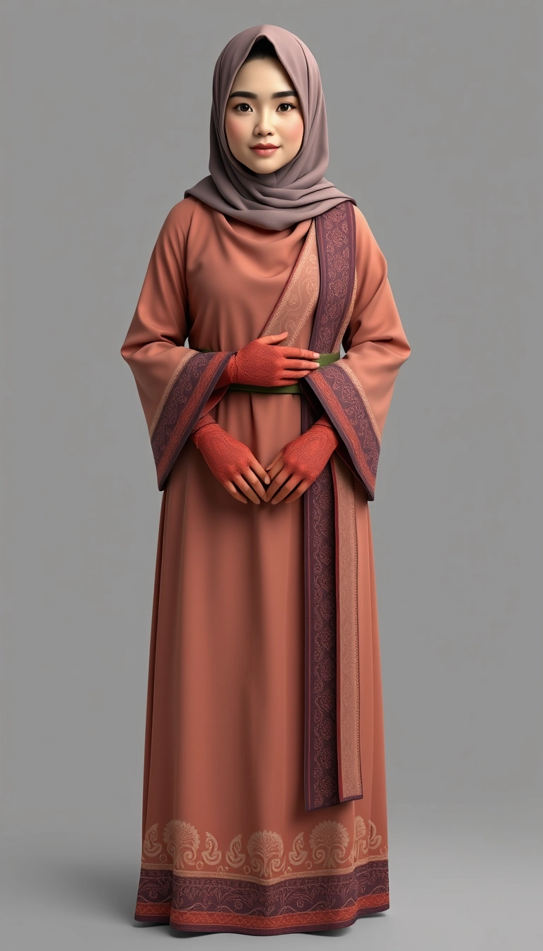 A 3D, 8k depiction of a Muslim woman from Palembang, wearing a traditional long songket and a long gown (gamis). She is adorned with a hijab that covers her chest and wears batik gloves covering her hands.