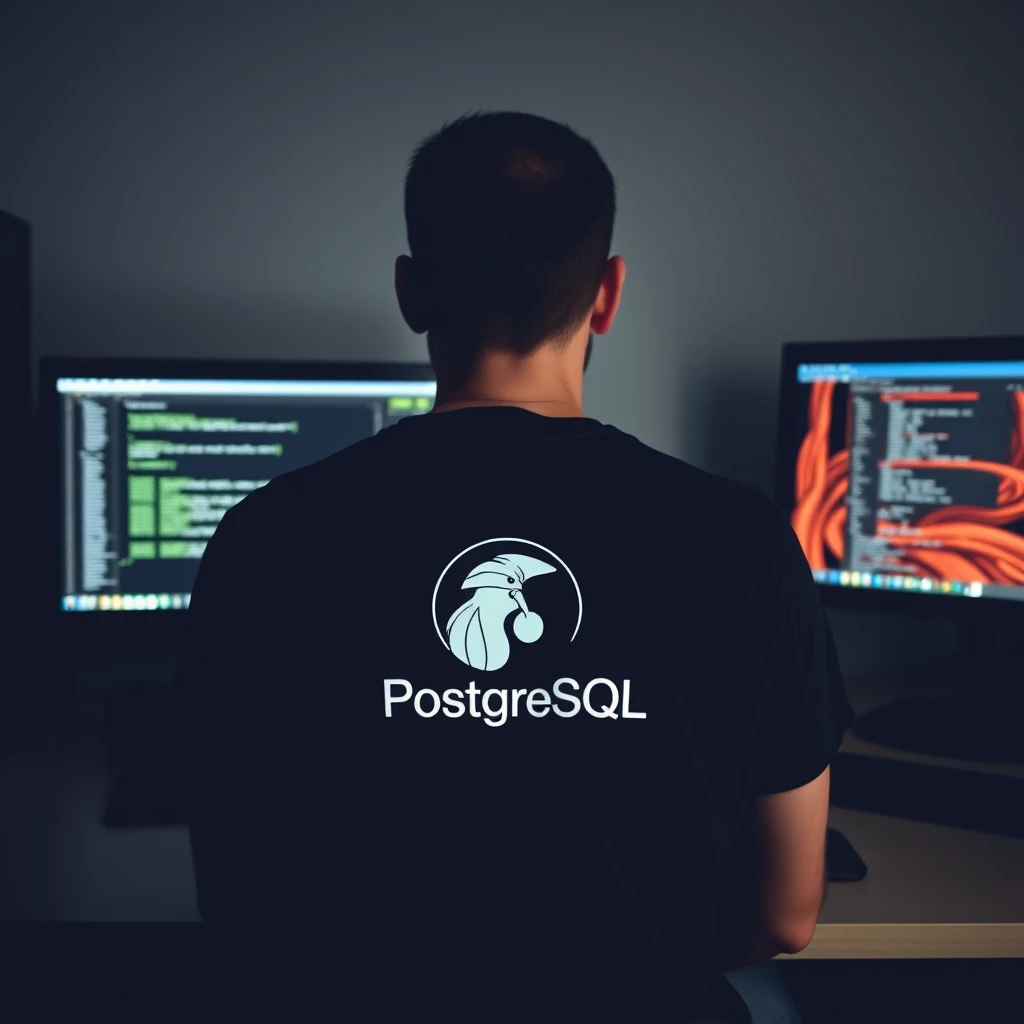 A man wearing a t-shirt with the PostgreSQL logo on the back sits in front of a computer on a desk, the room is dimly lit, and the computer screen has a linux interface in the style of Watchmen art.