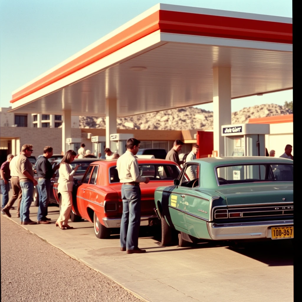 People pumping their cars at a gas station in Arizona in 1971.