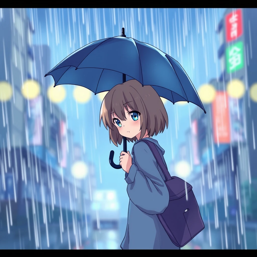 "Anime character, holding an umbrella in the rain."