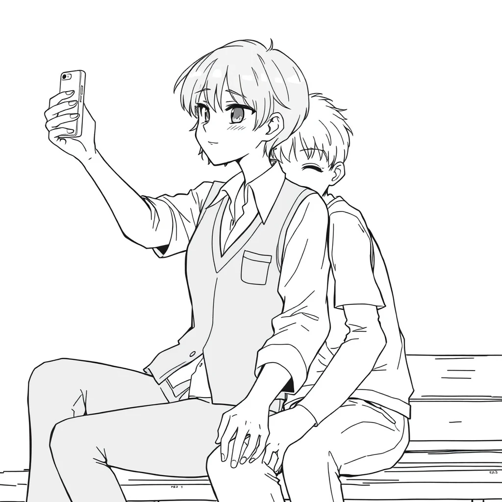 A girl in a shirt and vest took a selfie with her phone, a boy leaned on his shoulder, and they sat on a bench with their hands clasped.lineart - Image