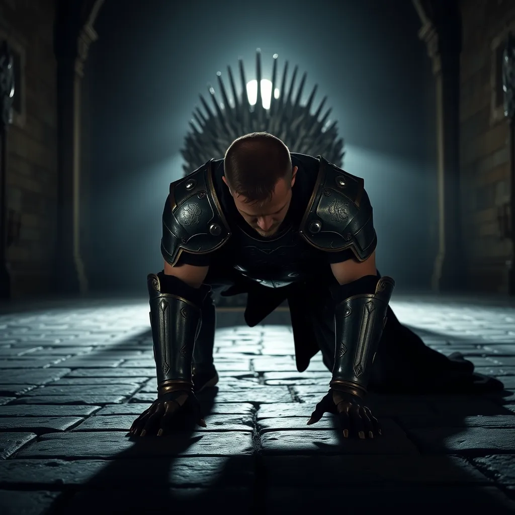 Subject: A handsome and muscular king in full plate armor, positioned on all fours facing the Iron Throne (which is to the back of the shot and not the focus), his head bowed to the ground in prayer.  
Lighting: Dramatic chiaroscuro lighting, with a single light source illuminating the king from behind, casting long shadows that stretch towards the Iron Throne. The scene should have an overall somber and reverent mood.  
Background: The Iron Throne should be slightly out of focus in the background, hinting at its presence and power but not distracting from the king in the foreground. The setting should be a dimly lit, vast hall with stone walls and high, vaulted ceilings, conveying the grandeur and solemnity of the location.  
Details: The king's armor should be highly detailed, showcasing the craftsmanship of the era, with intricate engravings and perhaps some battle damage to hint at his experiences. Focus on the texture of the cold, hard metal against the rough stone floor.  
Composition: The camera angle should be low, looking up at the king to emphasize his vulnerability and submission despite his powerful physique and position.  
Overall Style: Aim for a hyperrealistic, cinematic style, reminiscent of historical epics. The image should feel grounded and authentic, capturing the weight and texture of the scene. - Image