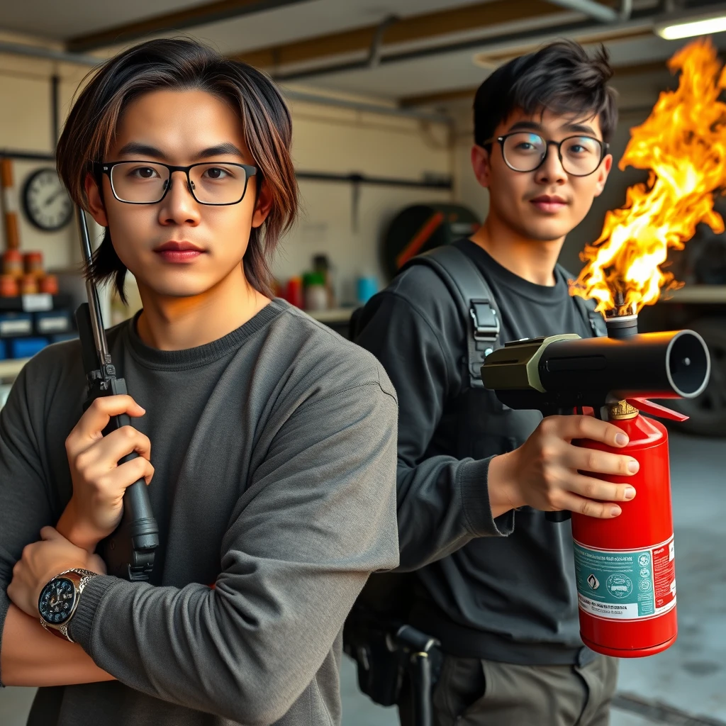 "21 year old white Chinese man wearing square glasses, mid/long hair, holding a pistol"; "21 year old white Italian man wearing round glasses, short hair, holding a very large fire extinguisher flamethrower", garage setting.