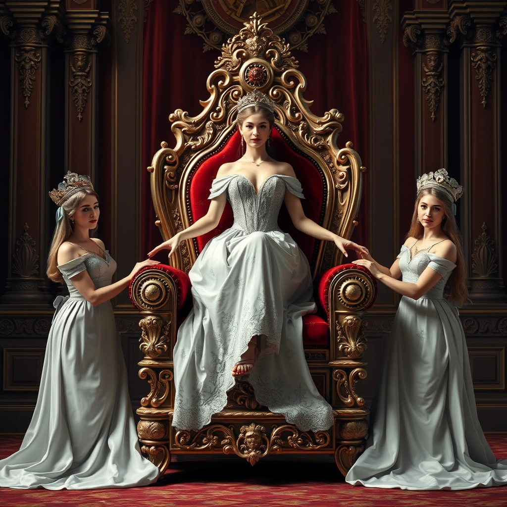 "The voluptuous and sensual beautiful queen sits on a luxurious and exquisite throne, which is carried forward by four palace maids."