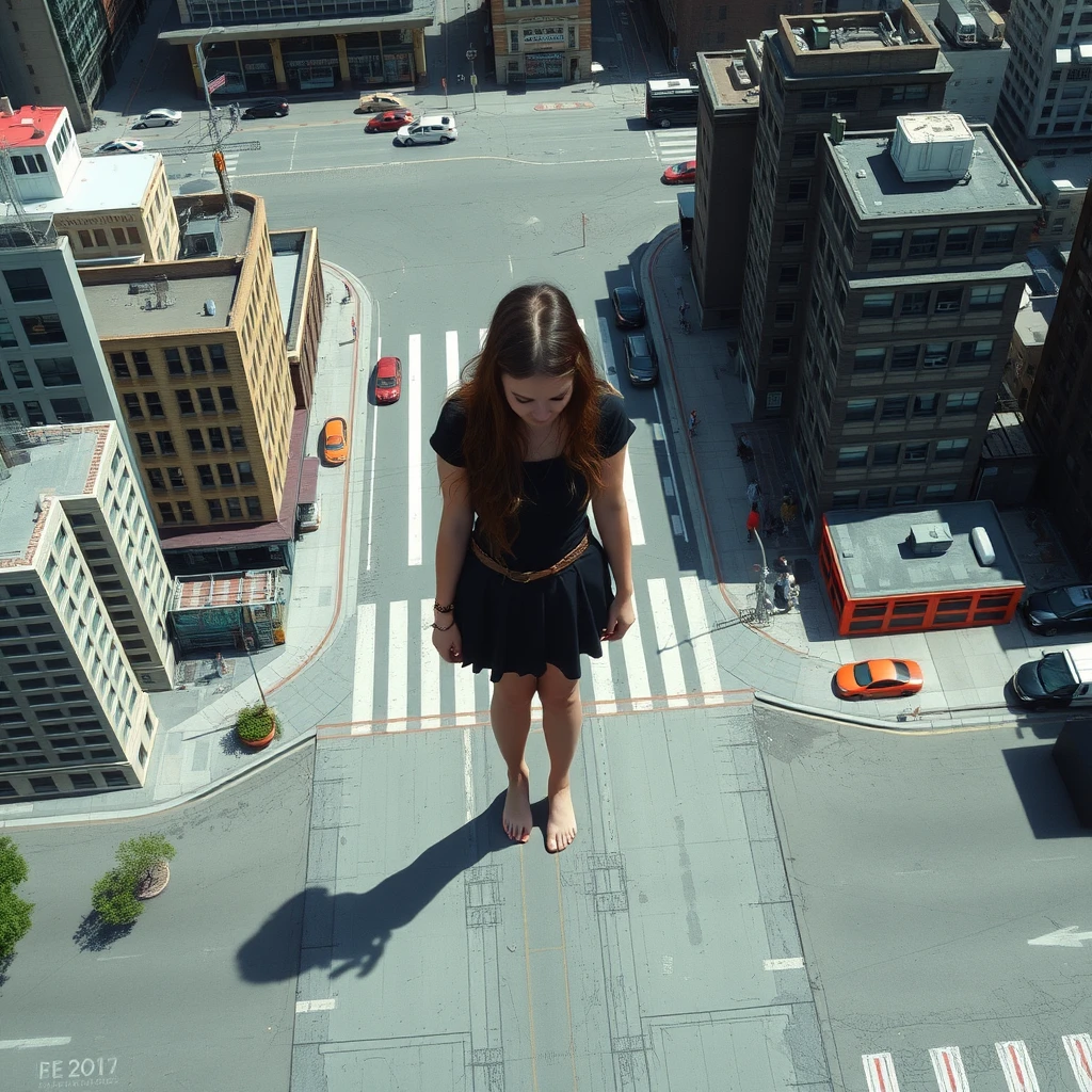 aerial view, giant stunning goth teen girl standing barefoot in city, realistic shadow