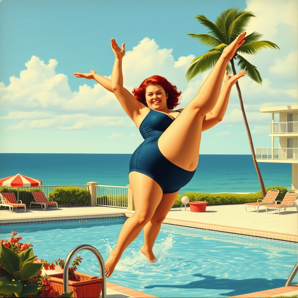 A Miami Beach postcard featuring a fat woman in a one-piece swimsuit, doing a flip into a motel swimming pool, from 1956, as painted by Arthur Sarnoff, wide, landscape view. - Image