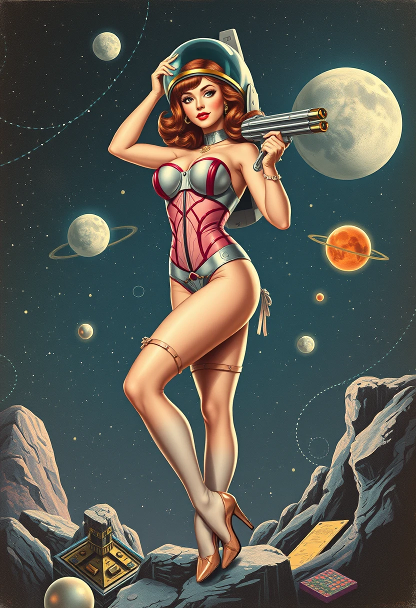 Retro vintage sci-fi art, space pin-up girl, full body