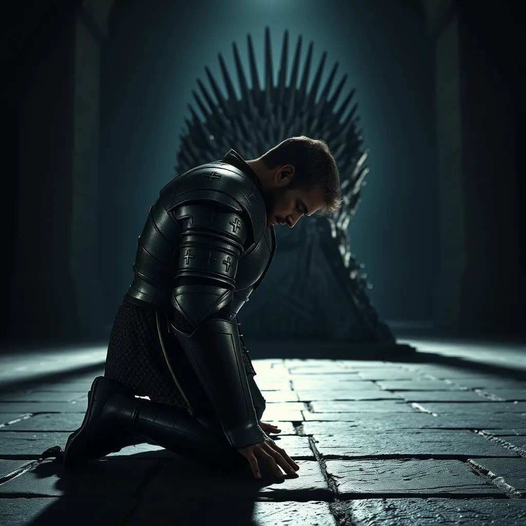 Subject: A handsome and muscular king in full plate armor, positioned on all fours facing the Iron Throne (which is to the back of the shot and not the focus), his head bowed to the ground in prayer.  
Lighting: Dramatic chiaroscuro lighting, with a single light source illuminating the king from behind, casting long shadows that stretch towards the Iron Throne. The scene should have an overall somber and reverent mood.  
Background: The Iron Throne should be slightly out of focus in the background, hinting at its presence and power but not distracting from the king in the foreground. The setting should be a dimly lit, vast hall with stone walls and high, vaulted ceilings, conveying the grandeur and solemnity of the location.  
Details: The king's armor should be highly detailed, showcasing the craftsmanship of the era, with intricate engravings and perhaps some battle damage to hint at his experiences. Focus on the texture of the cold, hard metal against the rough stone floor.  
Composition: The camera angle should be low, looking up at the king to emphasize his vulnerability and submission despite his powerful physique and position.  
Overall Style: Aim for a hyperrealistic, cinematic style, reminiscent of historical epics. The image should feel grounded and authentic, capturing the weight and texture of the scene. - Image