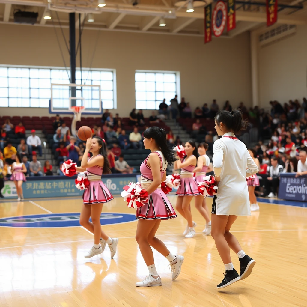 On the basketball court, there are cheerleaders dancing, and there are only three people in total, with Chinese characters or Japanese.