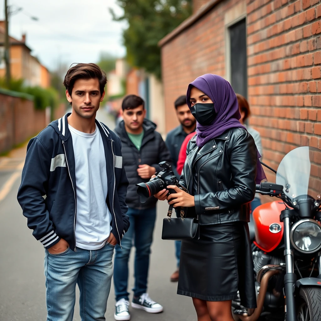 Jamie Dornan and Freddie Prinze, head and body shot, handsome, young, serious face, dark brown hair, white T-shirt, college jacket, skinny jeans, sneakers, standing, discussing with two guys and a Muslim girl wearing a short purple hijab, beautiful eyes, black face mask, black leather jacket, the biggest black leather skirt, holding a Canon DSLR camera, near a town road, superbike, hyper-realistic, street photography, brick wall, full body photo, three other random friends in the back. - Image