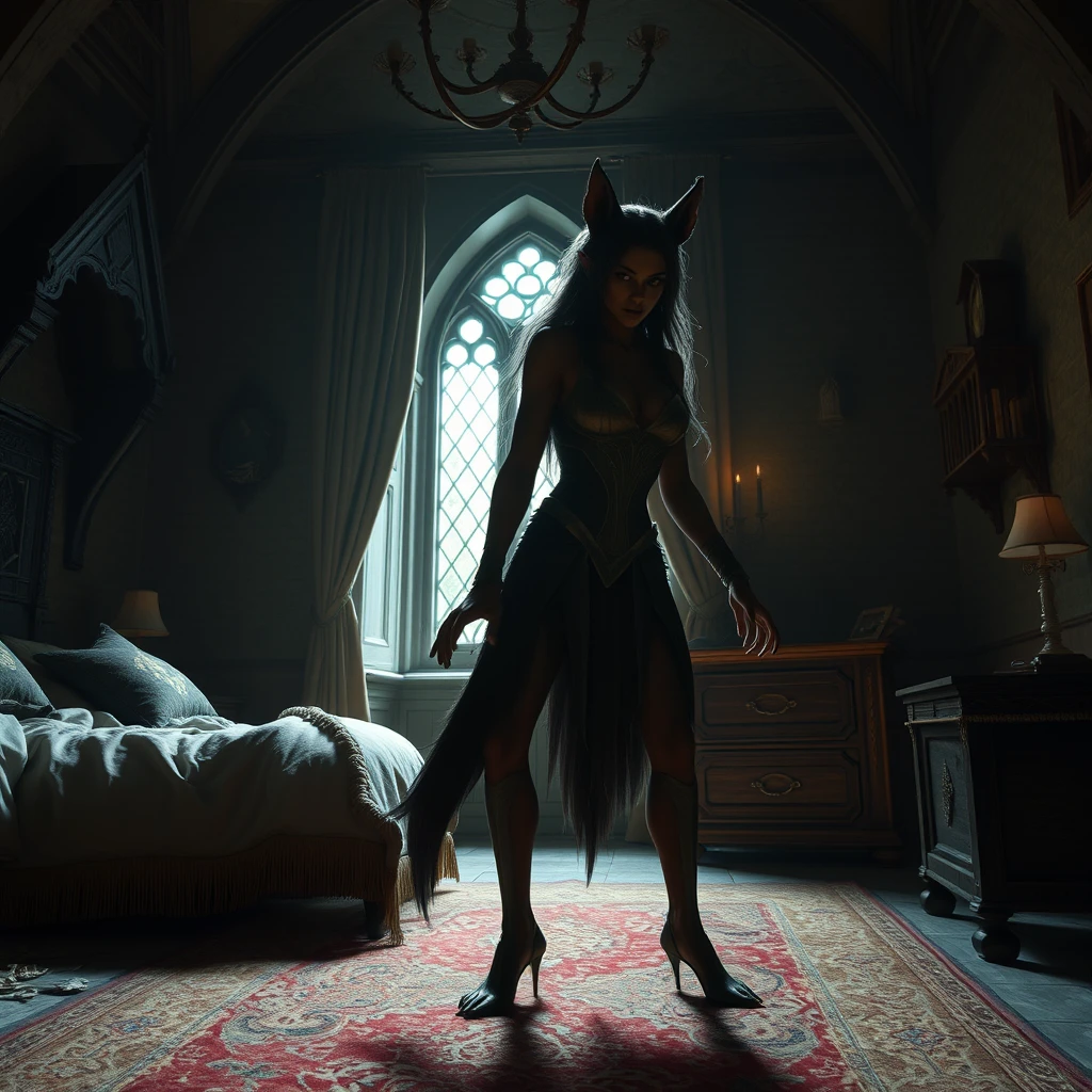 Location in a bedroom in a castle. Brightly lit. Full body shot of a female elf turning into a werewolf.