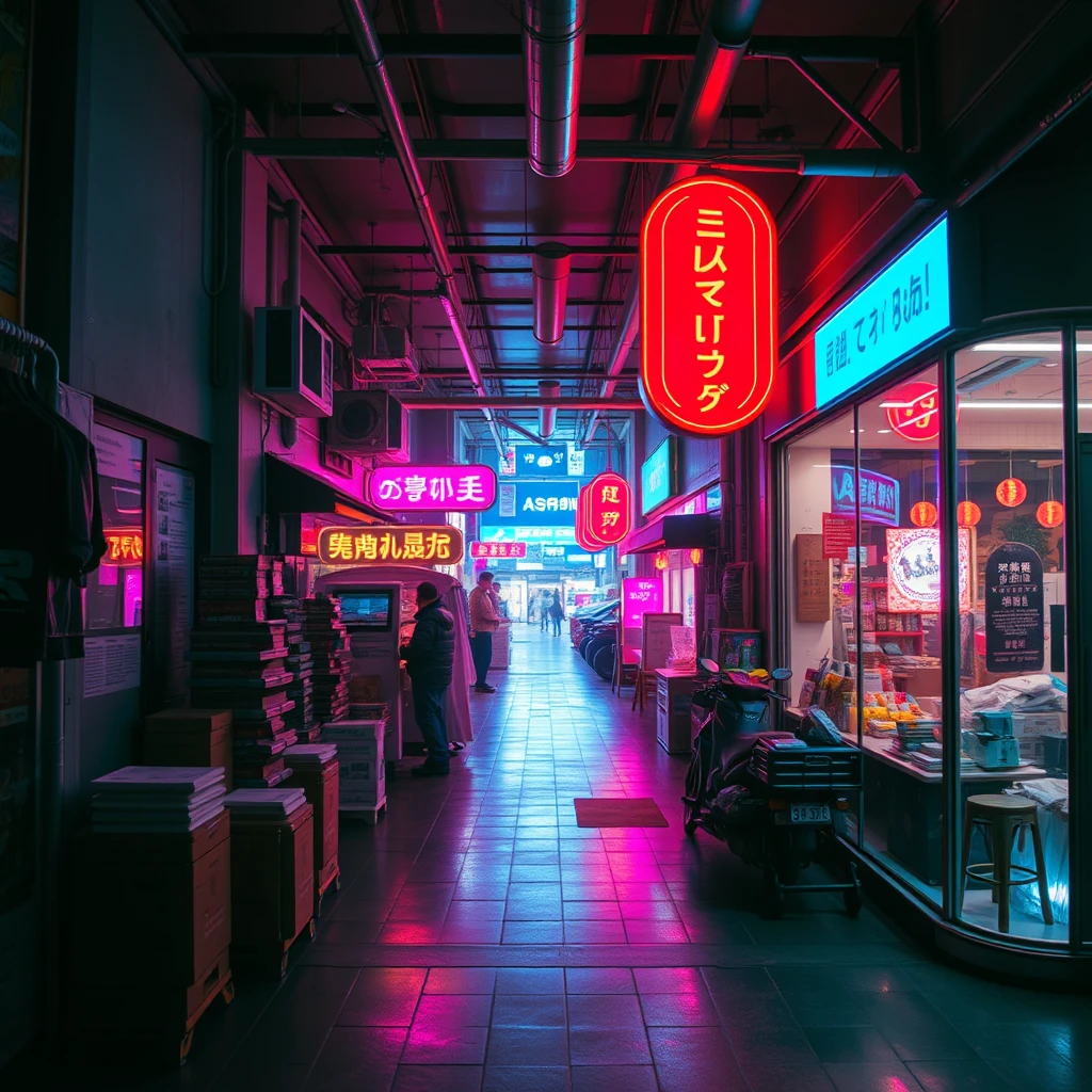 shop, bright ambient, nobody, cyberpunk,