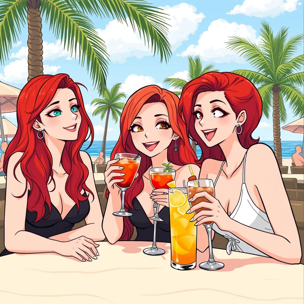 Three red-haired girls drinking cocktails at a beach bar with palm trees.