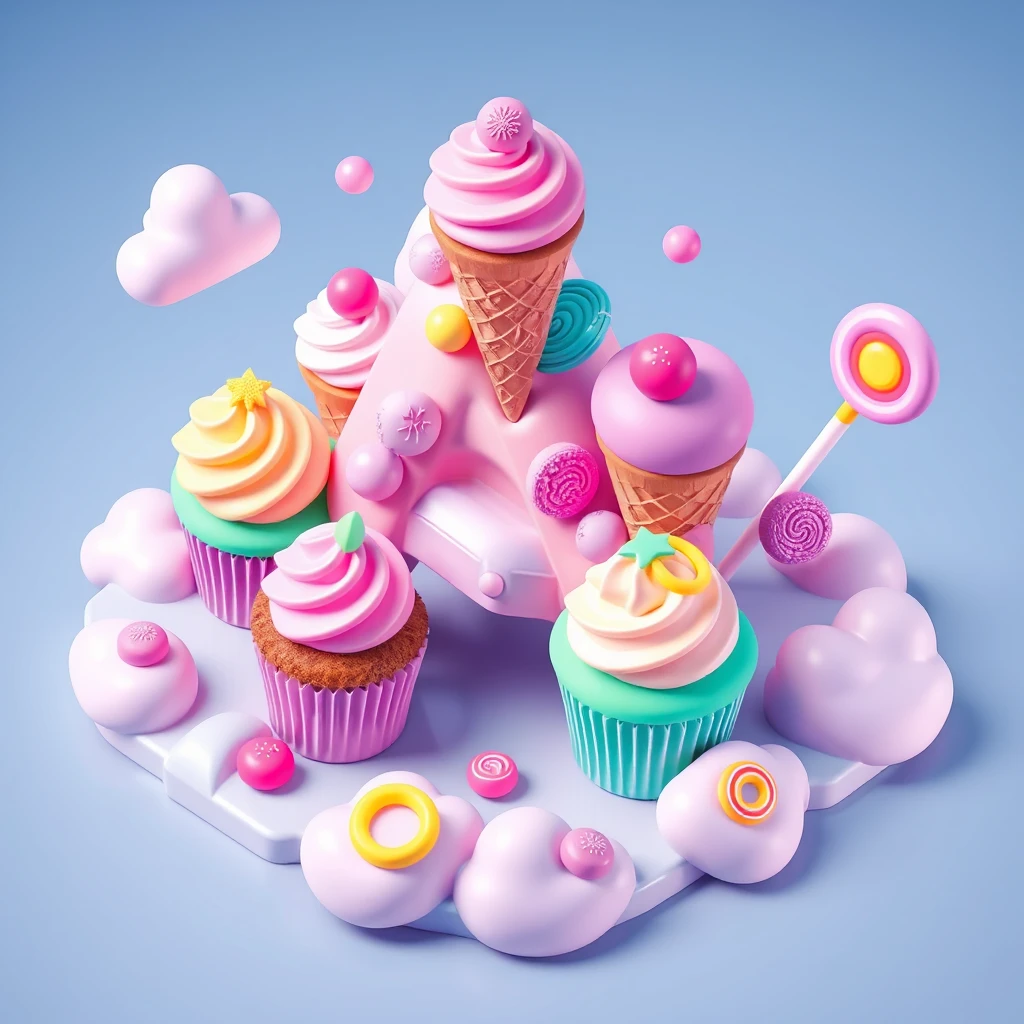 A 3D isometric letter "A" made from desserts. Includes cupcakes with neon frosting, ice cream cones, and lollipops. Surrounded by pastel candy clouds. Neon colors. - Image