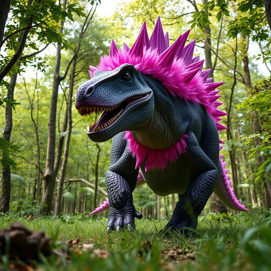 A hyper-realistic purple spiked dinosaur covered with a frill of pink feathers roaming a lush forest. Show from underneath the dinosaur as if its foot is about to crush the camera. - Image