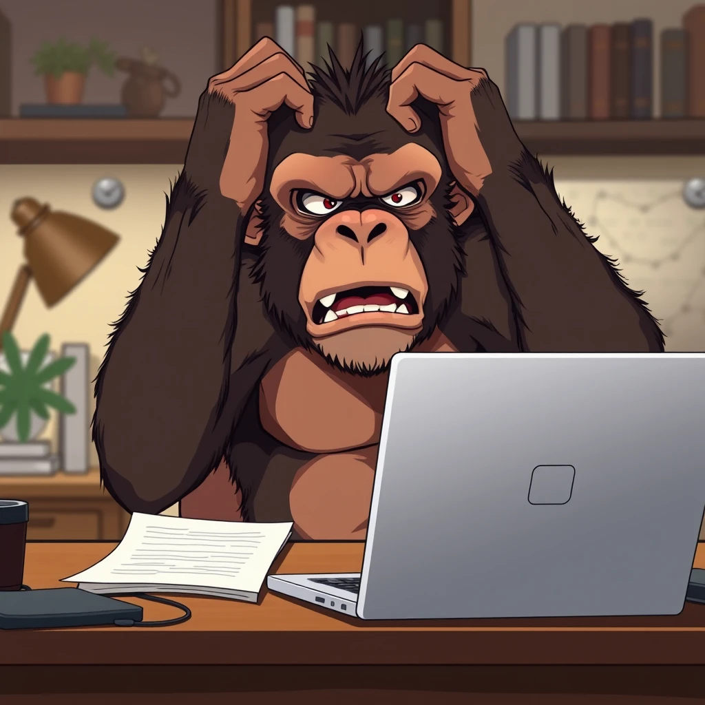 Chimpanzee sitting at a desk in a home office with a laptop computer in front of him. The ape is angry, crying in rage and despair with his hands held to his head. Stylized detailed anime image with exaggerated expressions.