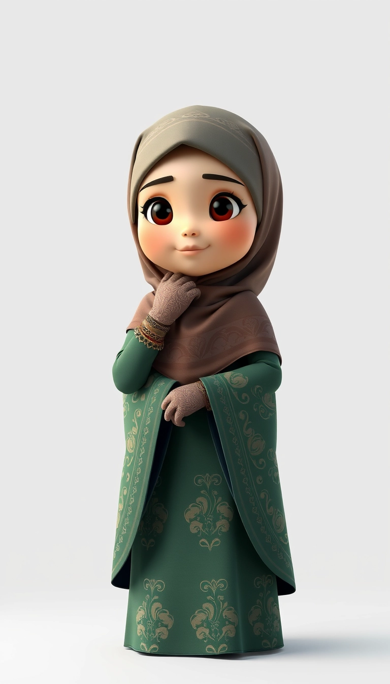 A 3D, 8k animated cartoon depiction of a Muslim woman from Palembang, wearing a traditional long songket and a long gown (gamis). She is adorned with a hijab that covers her chest and wears batik gloves covering her hands. - Image