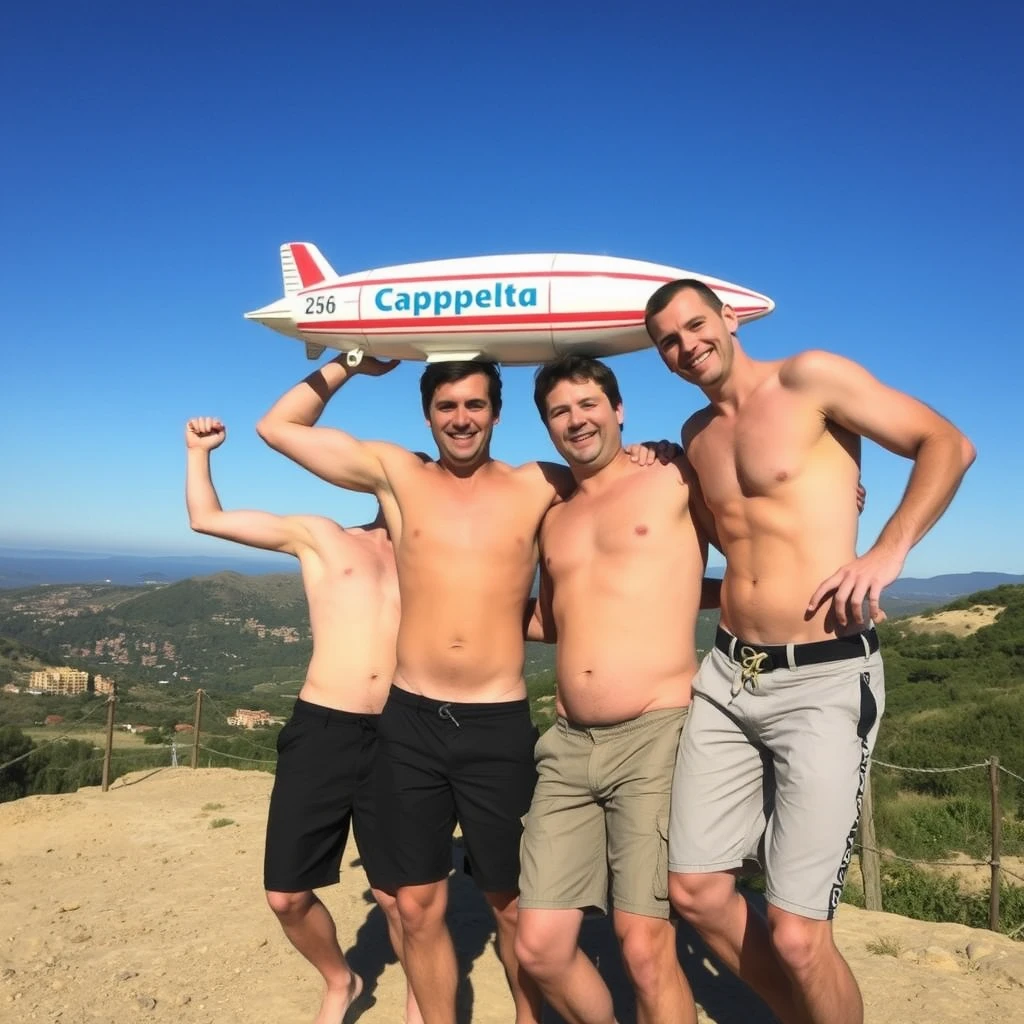 Four male friends having extreme fun in Pals, Catalonia. One has a zeppelin for a head.