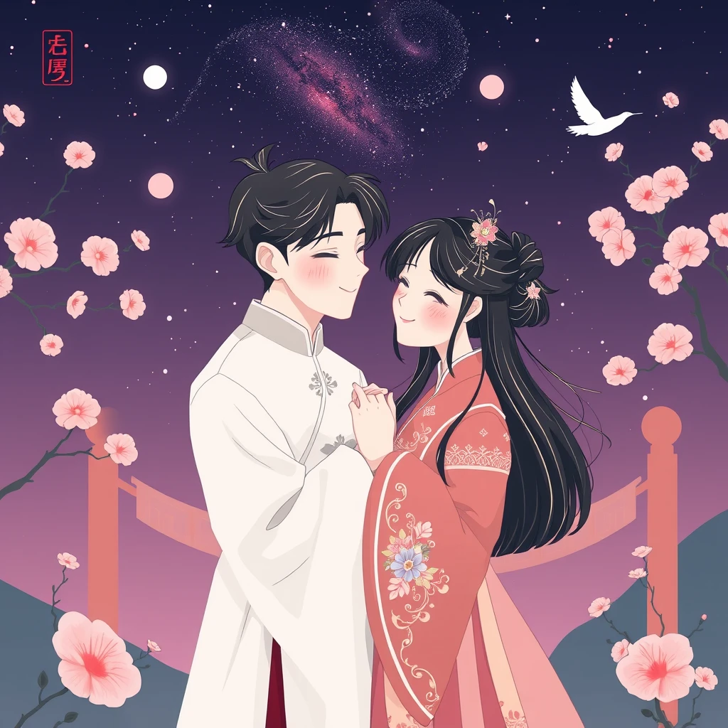 Love, Characters (a man and a girl, wearing traditional Chinese clothing) + Scene Elements (Magpie Bridge, Milky Way, stars) + Background (deep night sky) + Colors (soft pinks, purples, blues) + Chinese Style.