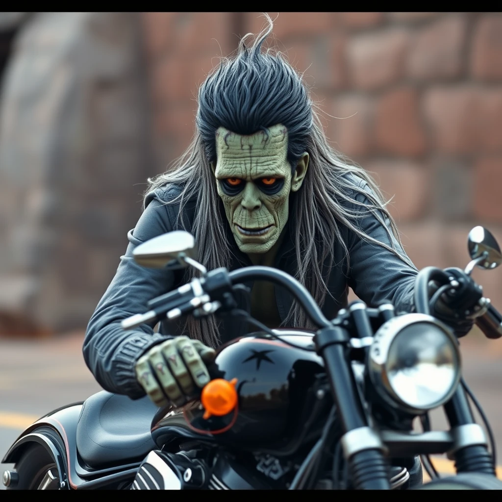 Frankenstein with long hair on his Harley chopper, photo-realistic, 4k. - Image