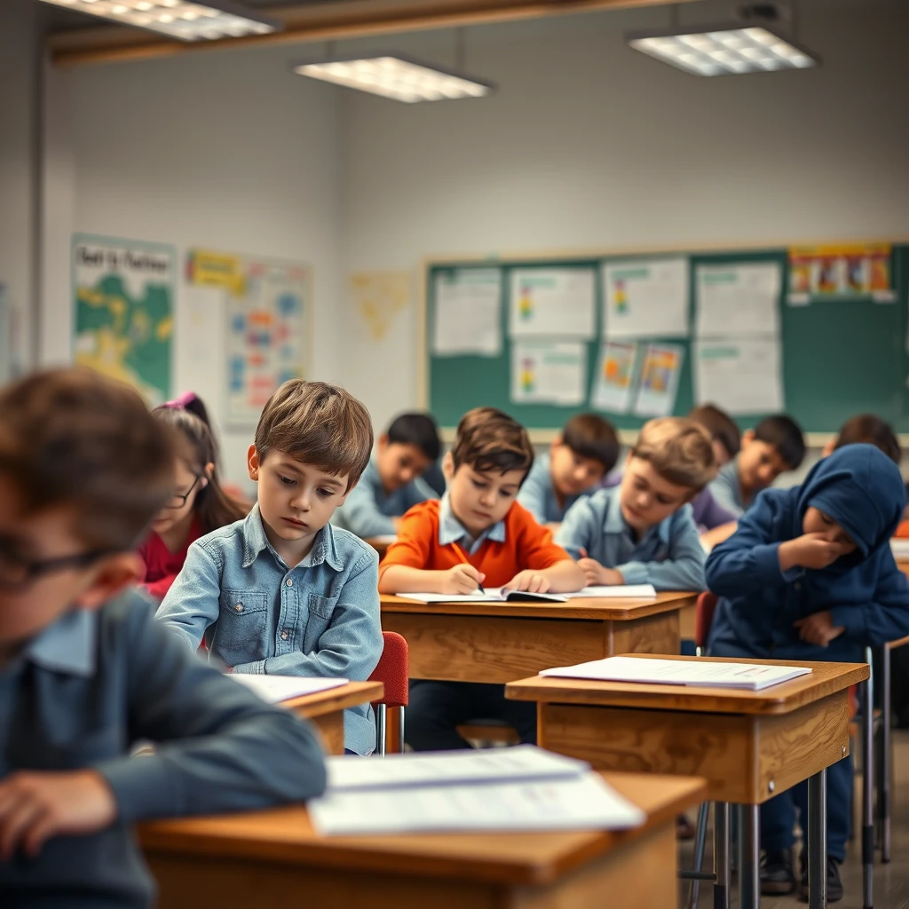 Create a realistic photo of children in a classroom taking a test.