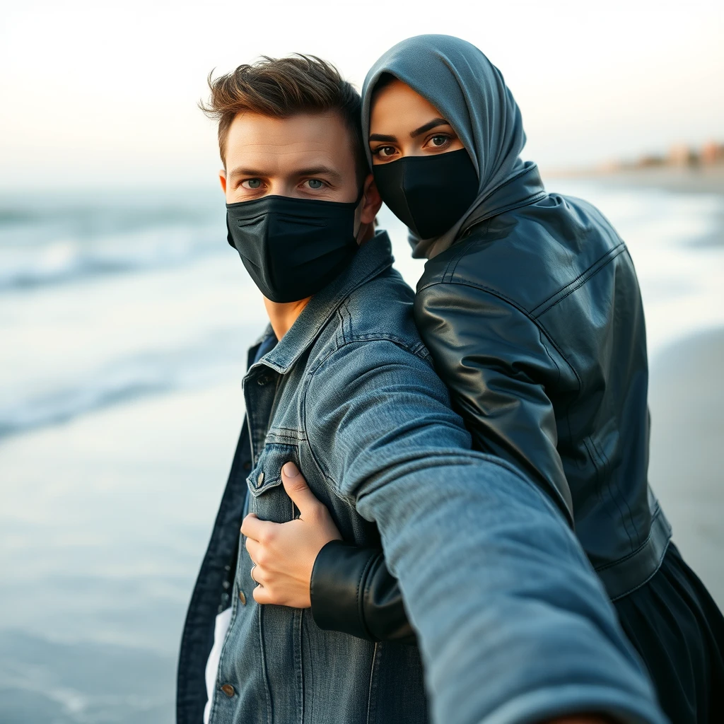 Jamie Dornan's head and body shot, handsome, black face mask, denim jacket, jeans, dating, love couple, hugging from behind, with the biggest gray hijab Muslim girl, black face mask, beautiful eyes, black leather jacket, largest skirt, at the beach, hyper-realistic, street photography, selfie.