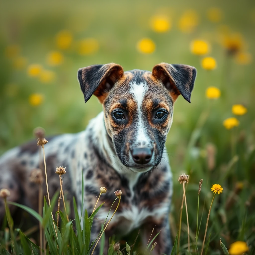 portrait of a Lurcher puppy in a field