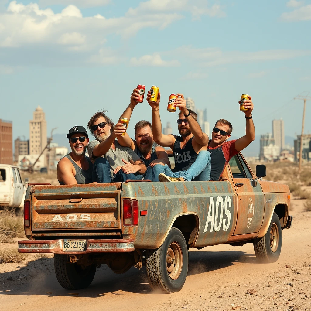 A visually intoxicated bunch of morons riding in the back of a pickup truck, toasting with beer cans. The truck drives through an abandoned city, is very rusty, and has the letters "AOS" printed on the side. - Image