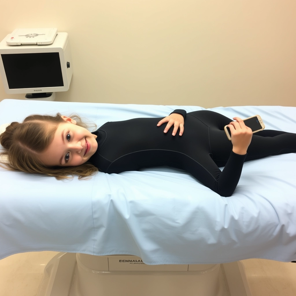 21-year-old girl, wearing wetsuit, lay on an operating table, iPhone photo.