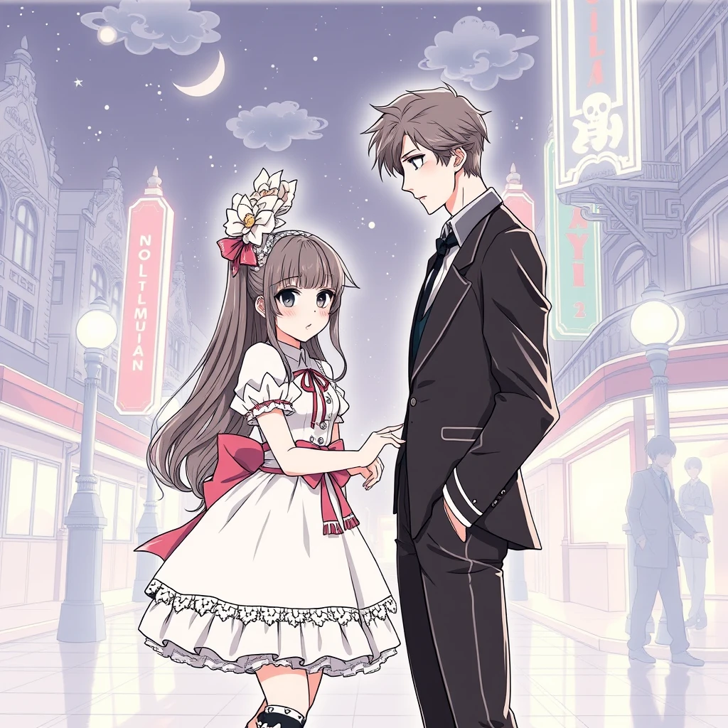 anime lineart,Beautiful girl dressed in Lolita costume and handsome tall boyfriend ,cinema