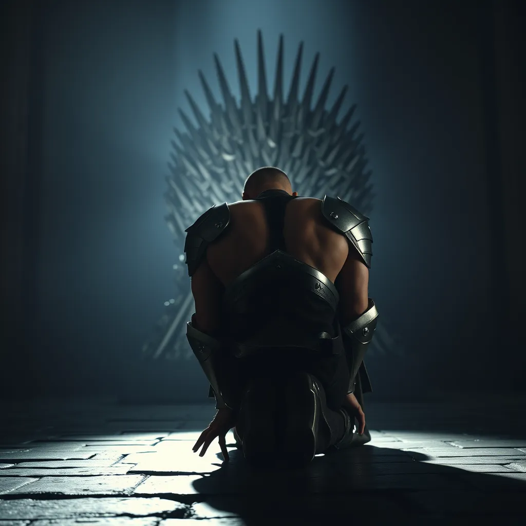 Subject: A handsome and muscular king in full plate armor, positioned on all fours facing the Iron Throne (which is to the back of the shot and not the focus), his head bowed to the ground in prayer.  
Lighting: Dramatic chiaroscuro lighting, with a single light source illuminating the king from behind, casting long shadows that stretch towards the Iron Throne. The scene should have an overall somber and reverent mood.  
Background: The Iron Throne should be slightly out of focus in the background, hinting at its presence and power but not distracting from the king in the foreground. The setting should be a dimly lit, vast hall with stone walls and high, vaulted ceilings, conveying the grandeur and solemnity of the location.  
Details: The king's armor should be highly detailed, showcasing the craftsmanship of the era, with intricate engravings and perhaps some battle damage to hint at his experiences. Focus on the texture of the cold, hard metal against the rough stone floor.  
Composition: The camera angle should be low, looking up at the king to emphasize his vulnerability and submission despite his powerful physique and position.  
Overall Style: Aim for a hyperrealistic, cinematic style, reminiscent of historical epics. The image should feel grounded and authentic, capturing the weight and texture of the scene. - Image