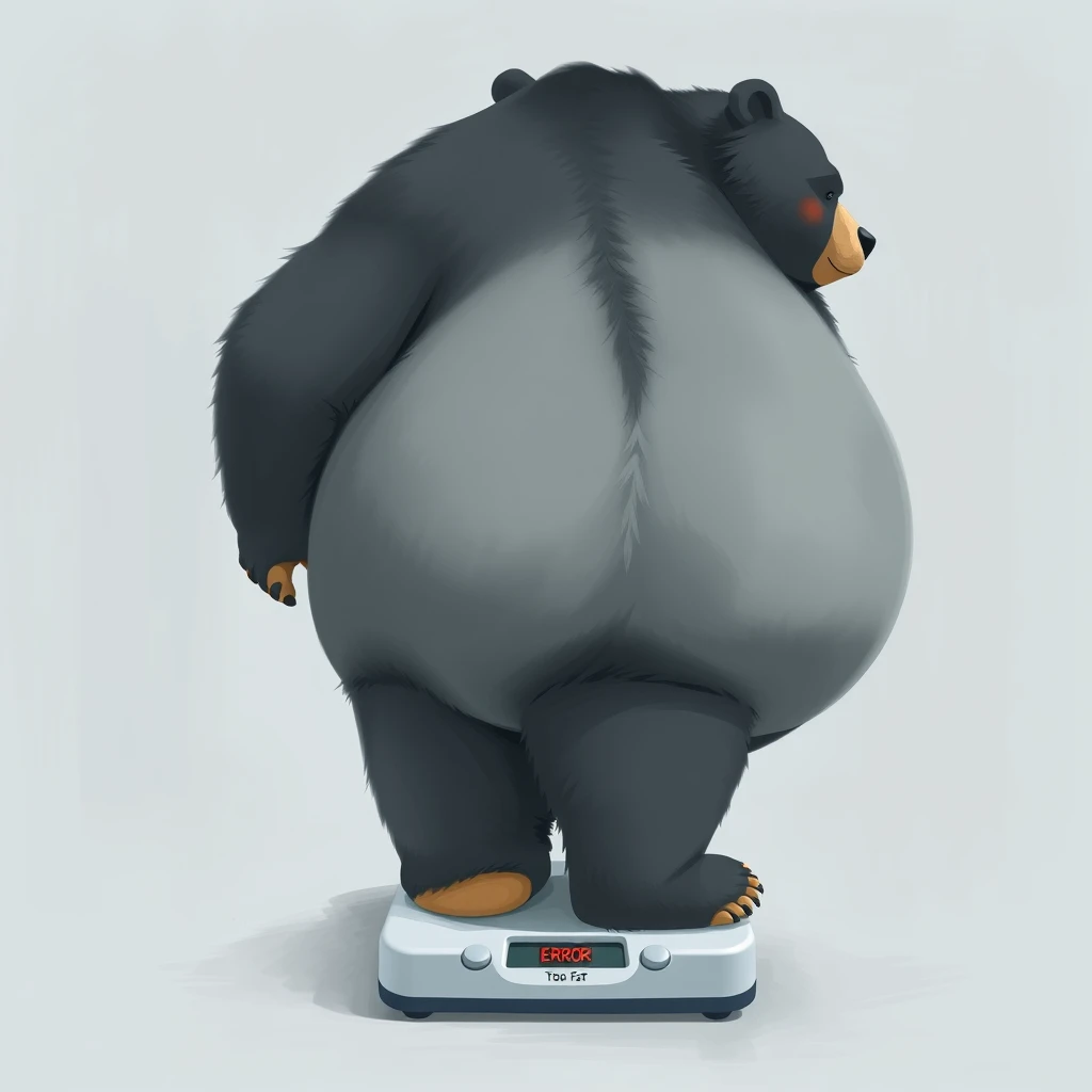 Quarter view, anthropomorphic obese gray bear, standing on a scale that reads "error too fat." Gray and black fur with tan and white fur markings. He has a heavyset body, wide fat bottom, and fat wide double chins. Full body. Uncropped. Fluffy fur. Abstract background digital art.