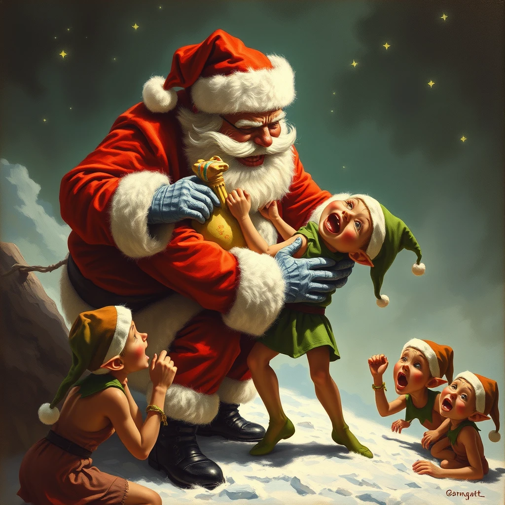 Santa grabbing and farting on an elf, elves are cowering in terror, a painting by Arthur Sarnoff.